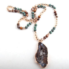 Boho Necklace, RH Amazonite Crystal Druzy Brown Natural Stone