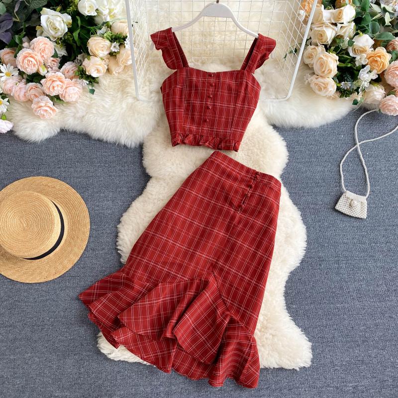 Vintage Two Piece Set, Boho Matching Crop Top and Midi Skirt, Red Plaid