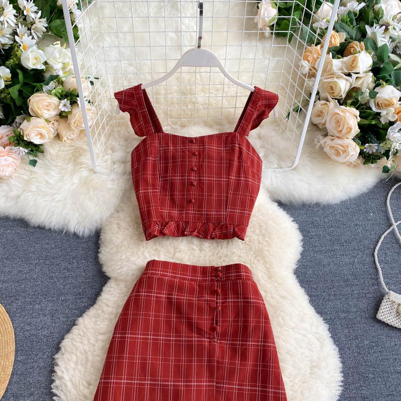Vintage Two Piece Set, Boho Matching Crop Top and Midi Skirt, Red Plaid