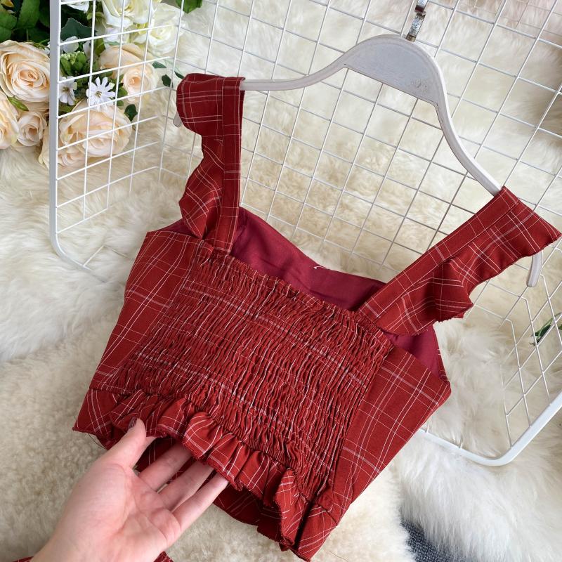 Vintage Two Piece Set, Boho Matching Crop Top and Midi Skirt, Red Plaid