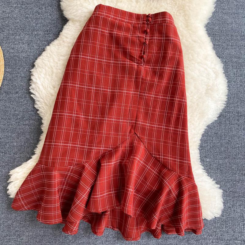 Vintage Two Piece Set, Boho Matching Crop Top and Midi Skirt, Red Plaid