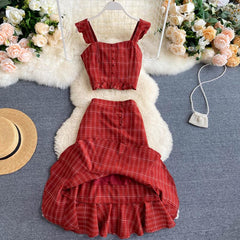 Vintage Two Piece Set, Boho Matching Crop Top and Midi Skirt, Red Plaid