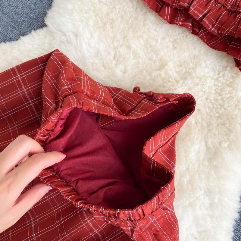Vintage Two Piece Set, Boho Matching Crop Top and Midi Skirt, Red Plaid