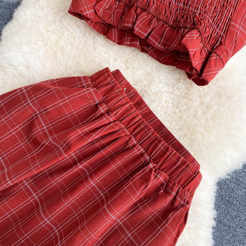 Vintage Two Piece Set, Boho Matching Crop Top and Midi Skirt, Red Plaid