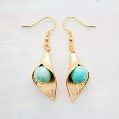 Boho Earrings, Dangle Earrings, Gold Flower Blue Amazonite