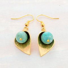 Boho Earrings, Dangle Earrings, Gold Flower Blue Amazonite
