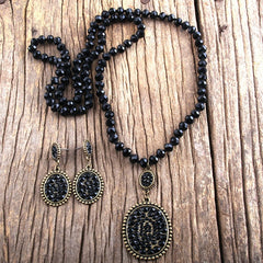 Boho Necklace, Jewelry Set, RH Crystal Black White Glass