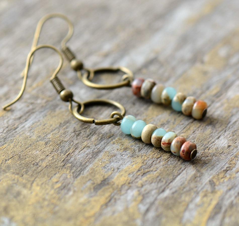 Boho Earrings, Dangle Earrings, Vintage Natural Stone Brown and Pink
