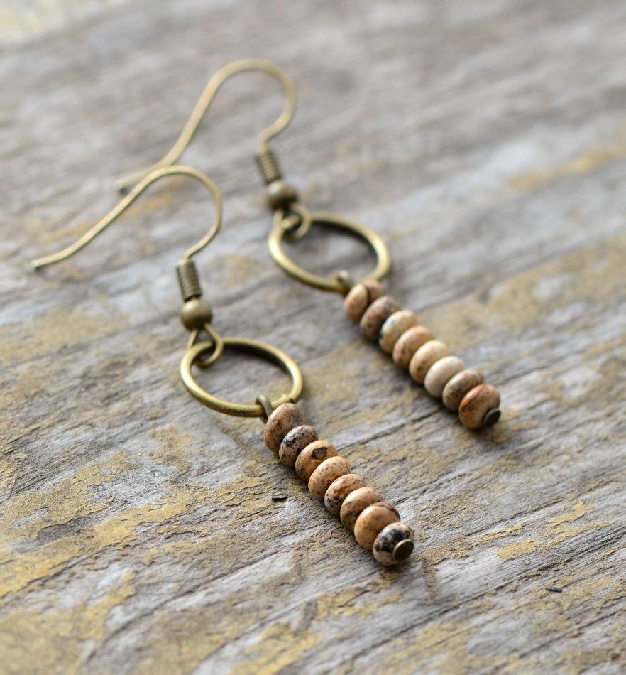 Boho Earrings, Dangle Earrings, Vintage Natural Stone Brown and Pink