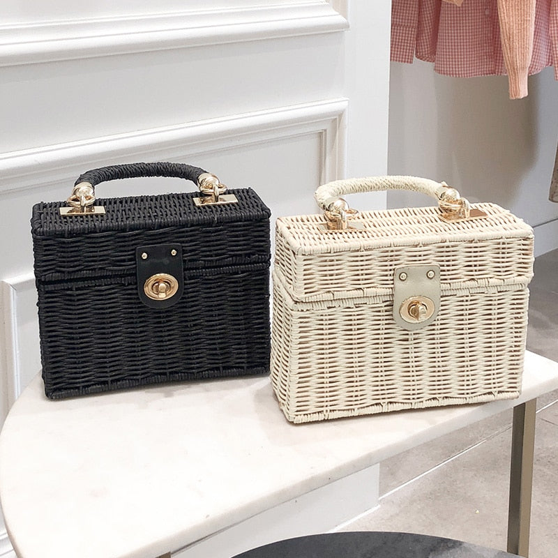 Boho Bag, Woven Straw Bag,  Rattan Bag, Andria in White and Black