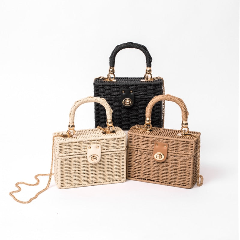 Boho Bag, Woven Straw Bag,  Rattan Bag, Andria in White and Black