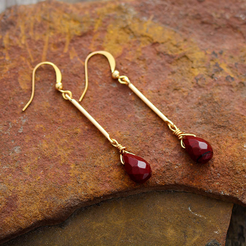 Boho Earrings, Dangle Earrings, Gold Red Jaspers