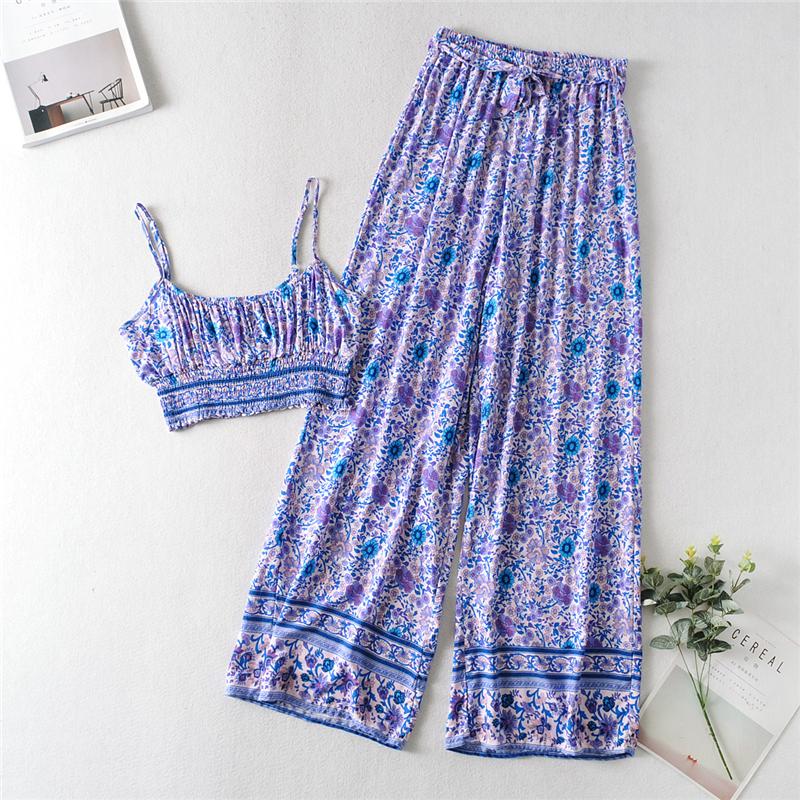 Boho Two Piece Set, Two Piece Pants Set, Wild Floral in Purple