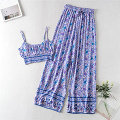 Boho Two Piece Set, Two Piece Pants Set, Wild Floral in Purple
