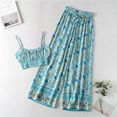 Boho Two Piece Set, Two Piece Pants Set, Wild Floral in Blue