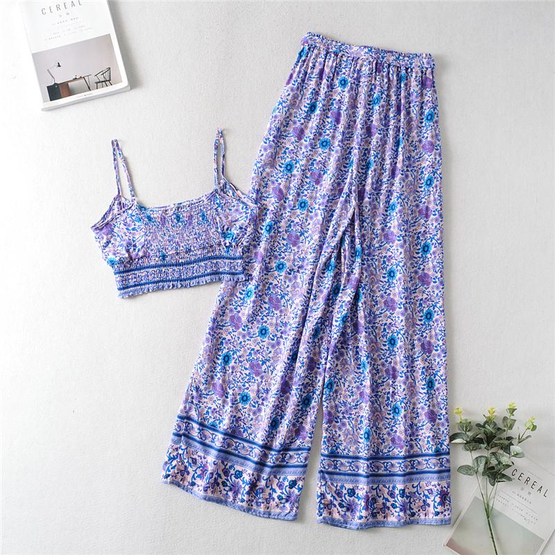 Boho Two Piece Set, Two Piece Pants Set, Wild Floral in Purple
