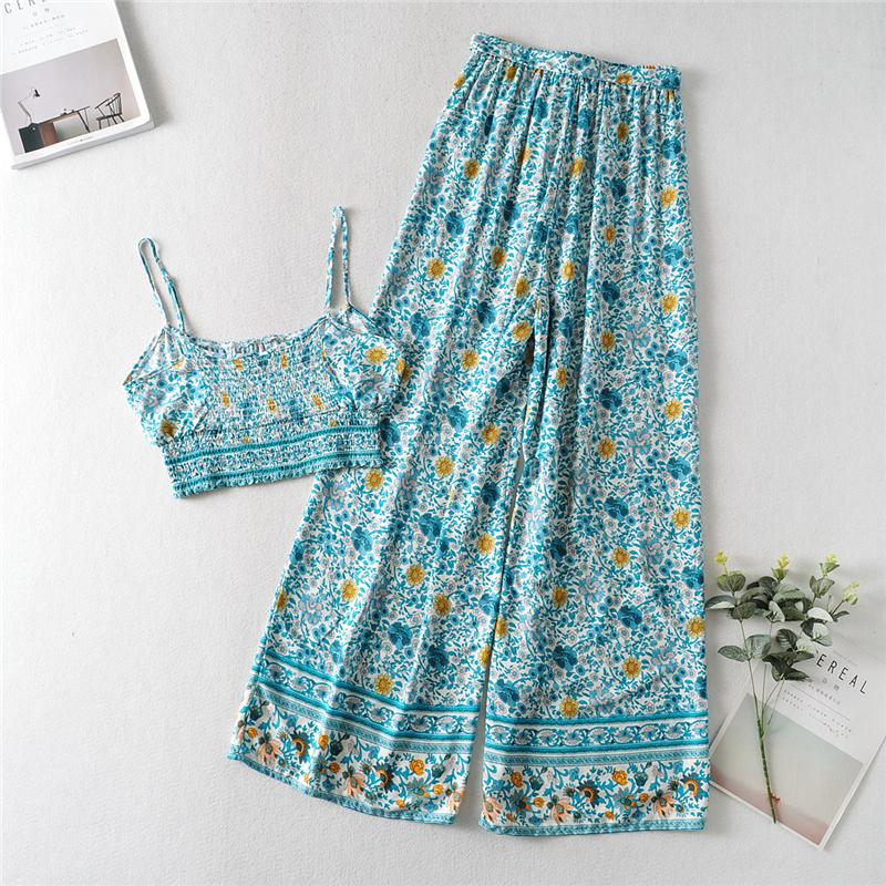 Boho Two Piece Set, Two Piece Pants Set, Wild Floral in Blue
