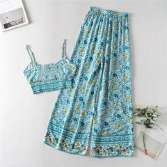 Boho Two Piece Set, Two Piece Pants Set, Wild Floral in Blue