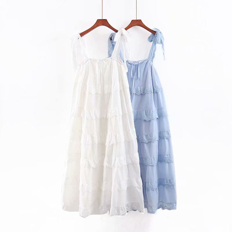 Boho Midi Dress, Strappy Sundress, White Lilac Ruffle Dress