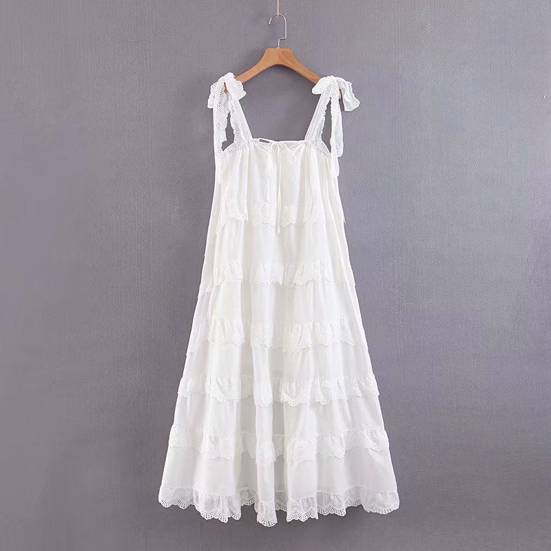 Boho Midi Dress, Strappy Sundress, White Lilac Ruffle Dress