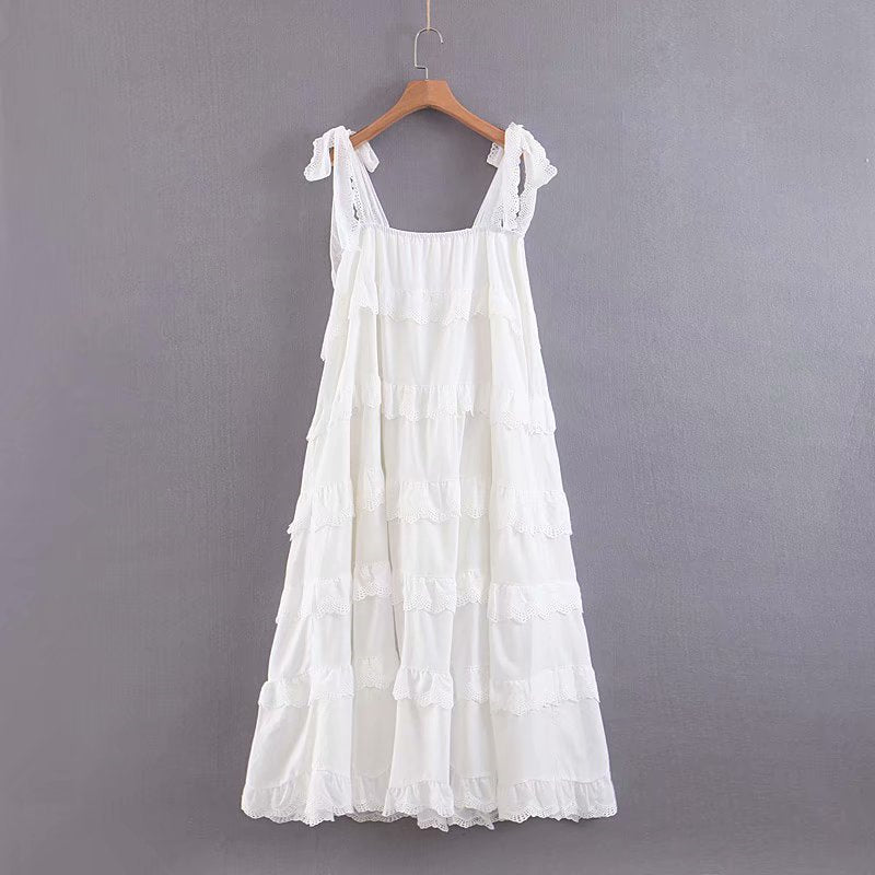 Boho Midi Dress, Strappy Sundress, White Lilac Ruffle Dress