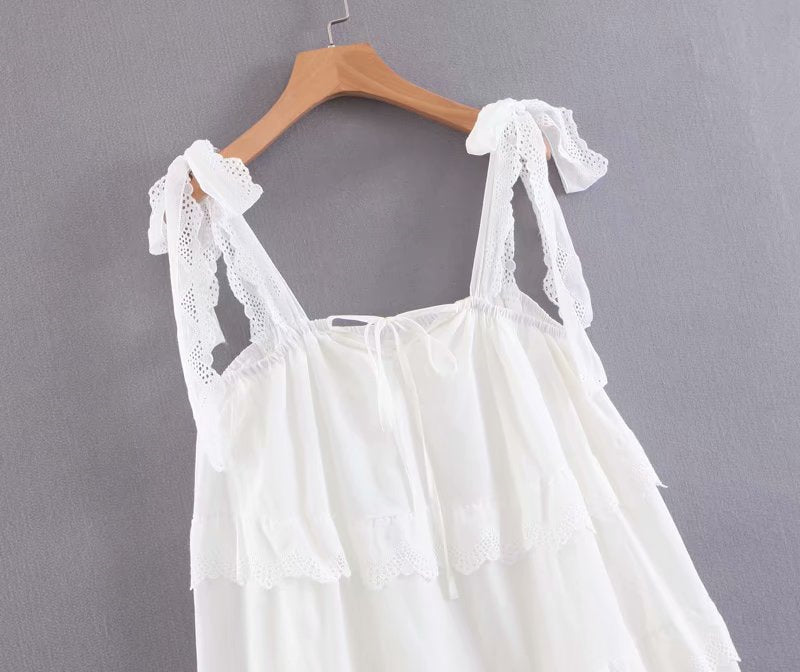 Boho Midi Dress, Strappy Sundress, White Lilac Ruffle Dress