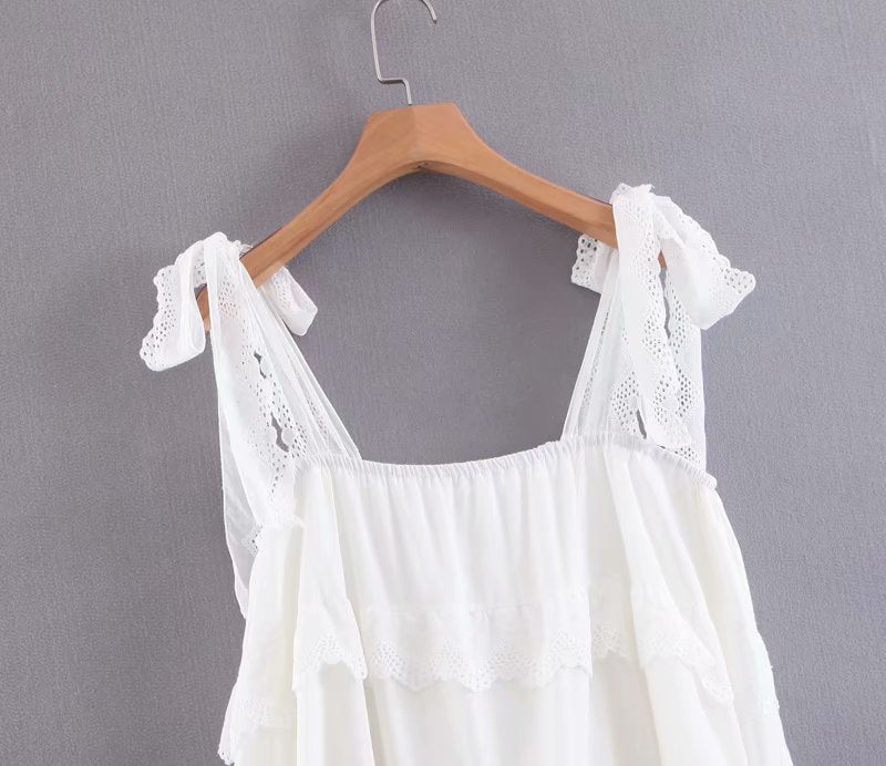 Boho Midi Dress, Strappy Sundress, White Lilac Ruffle Dress