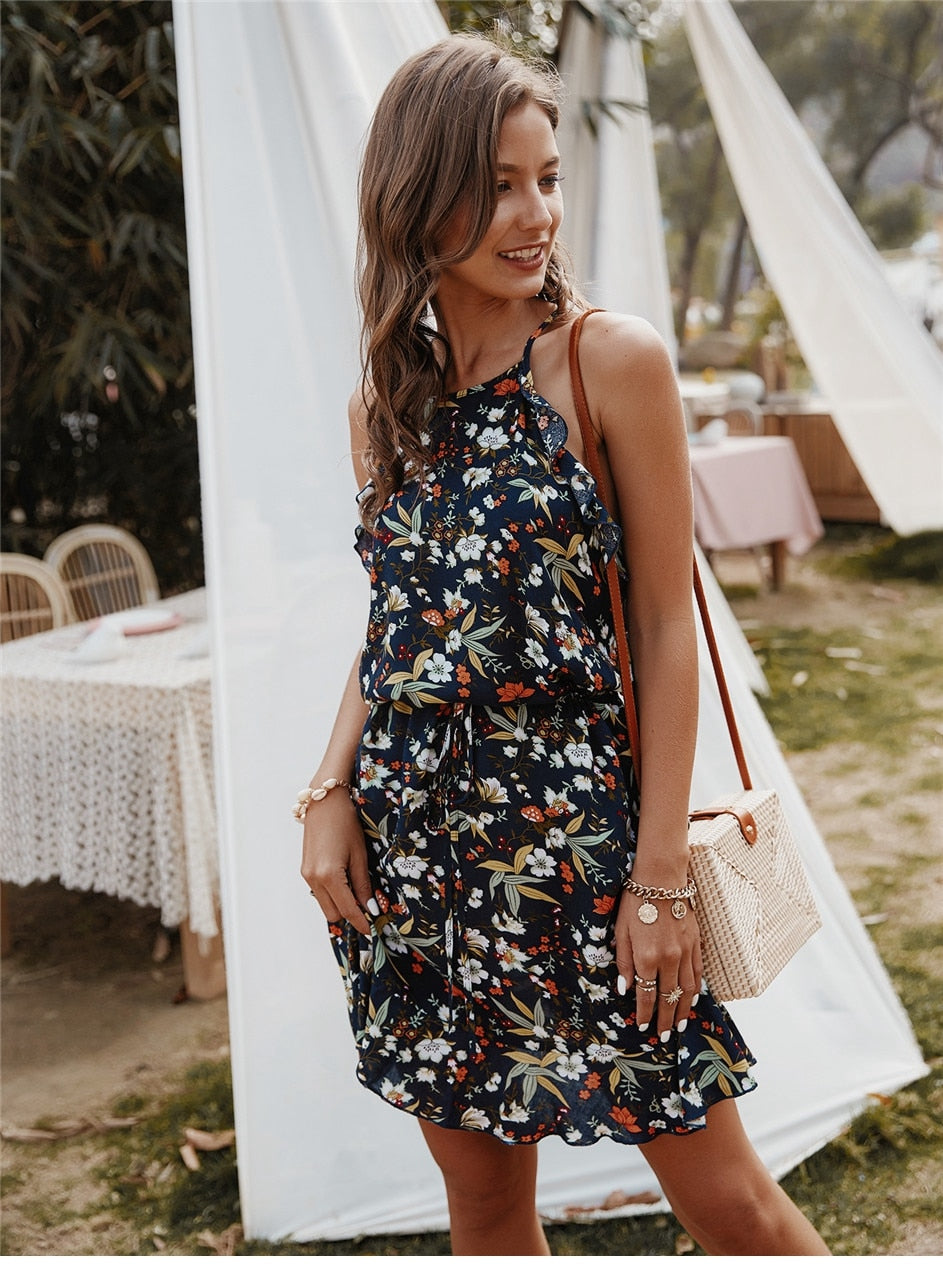 Boho Mini Dress  Sundress, Wild Lily in Navy Blue