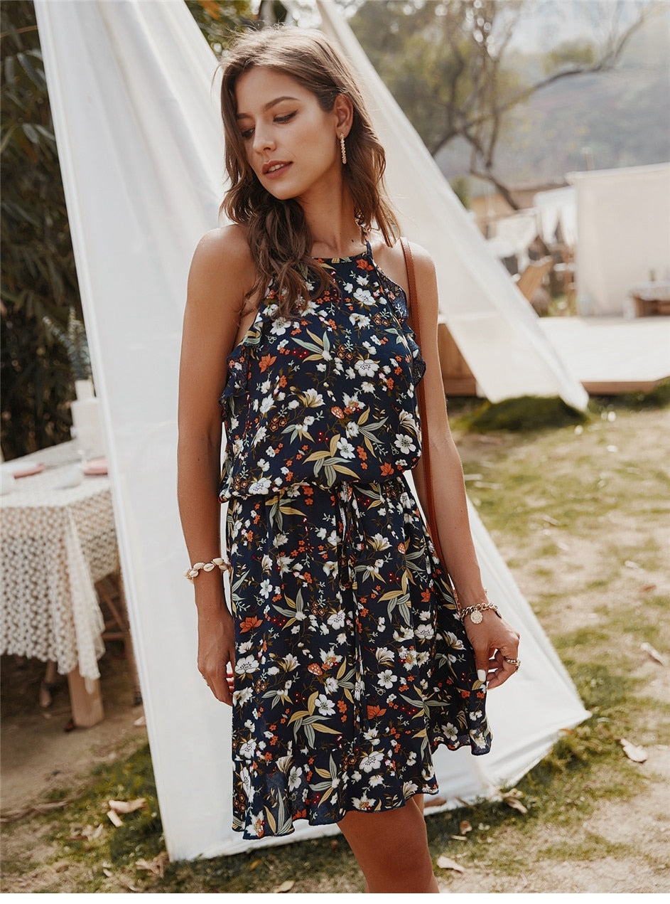 Boho Mini Dress  Sundress, Wild Lily in Navy Blue
