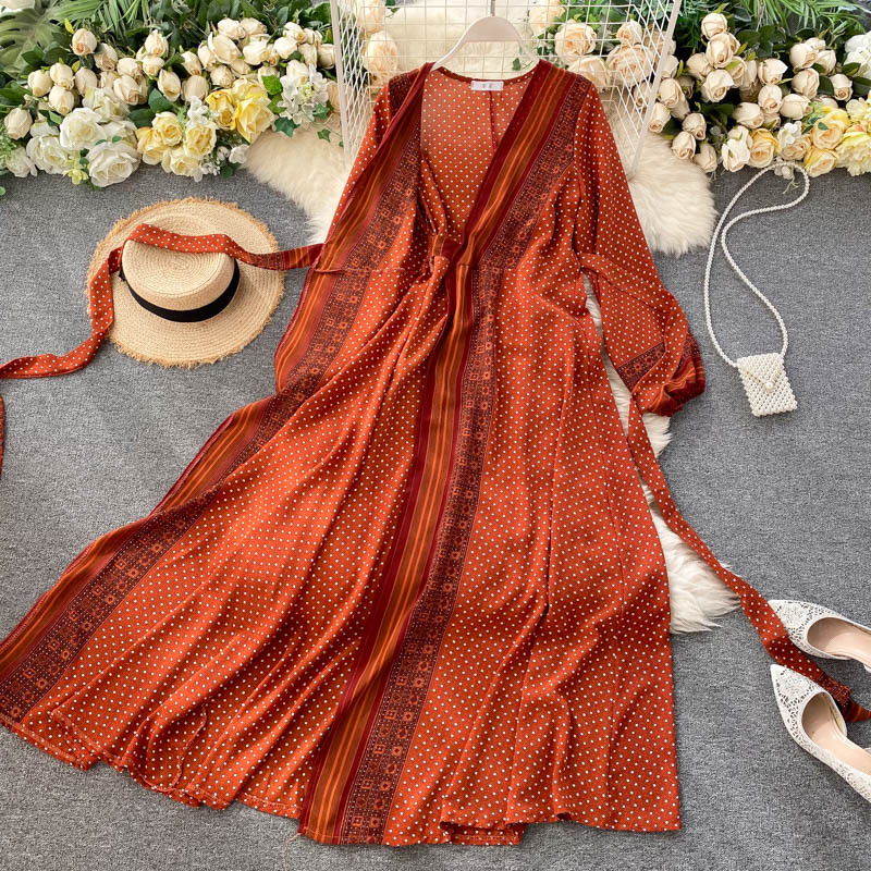 Vintage Dress, Boho Maxi Dress, Gown, India Dot in Brick, Brown and Gray
