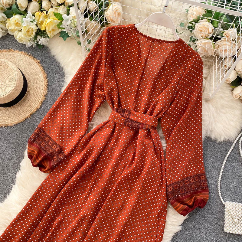 Vintage Dress, Boho Maxi Dress, Gown, India Dot in Brick, Brown and Gray
