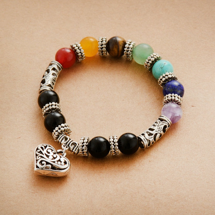 Boho Bracelet, Stretchy Bracelet, Black 7 Chakra