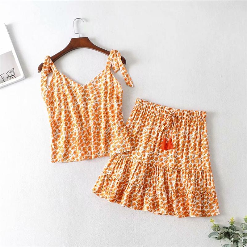 Boho Two Piece Set, Two Piece Skirt Set, Wild Boho Daisy in Saffron Orange