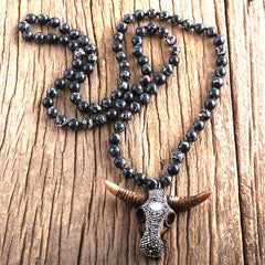 Boho Necklace, RH Antique Horn  Crystal Lava Stone