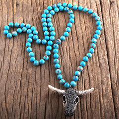 Boho Necklace, RH Antique Horn  Crystal Lava Stone