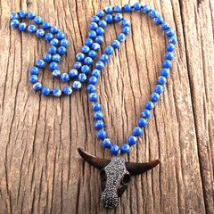 Boho Necklace, RH Antique Horn  Crystal Lava Stone