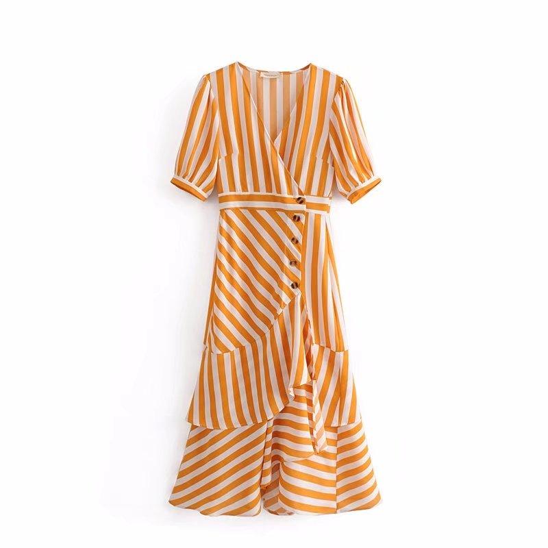 Boho Midi Dress, Vintage Yellow Stripe