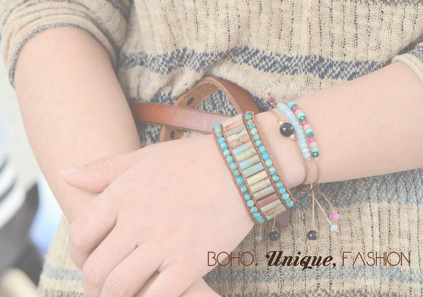 Boho Bracelet, Leather Wrap Bracelet, Blue Silver Stone