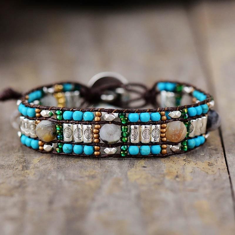 Boho Bracelet, Leather Wrap Bracelet, Blue Silver Stone