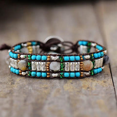 Boho Bracelet, Leather Wrap Bracelet, Blue Silver Stone