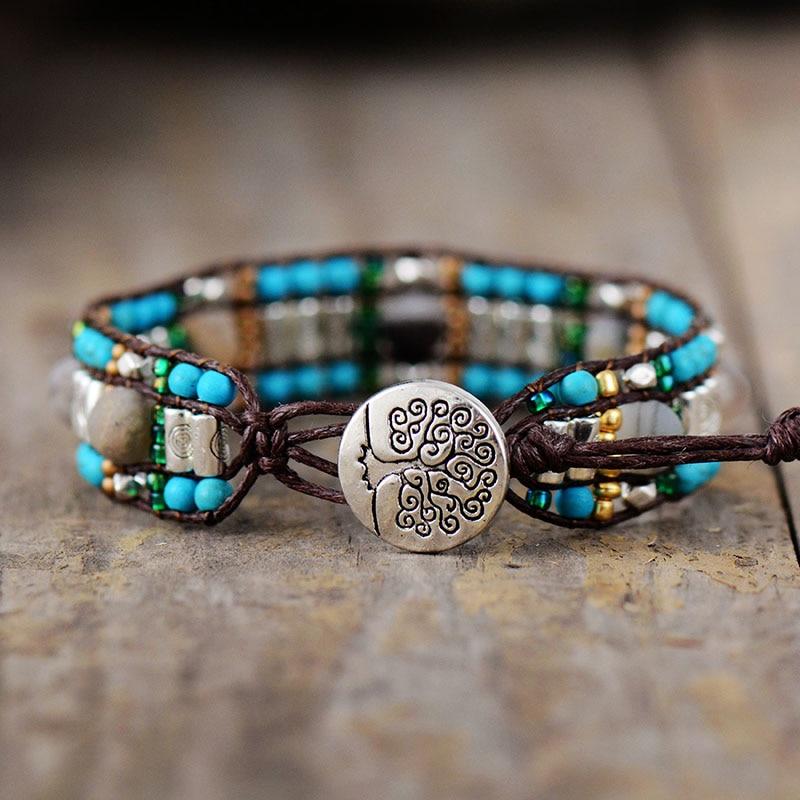 Boho Bracelet, Leather Wrap Bracelet, Blue Silver Stone