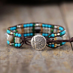 Boho Bracelet, Leather Wrap Bracelet, Blue Silver Stone