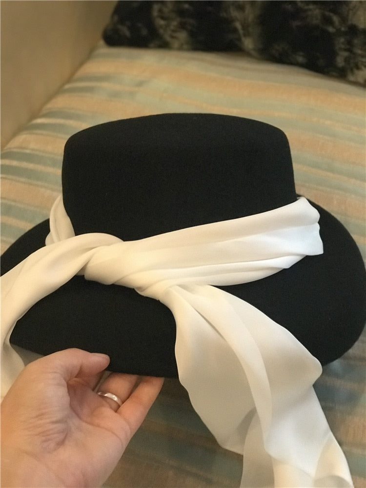 Boho Hat, Floppy Vintage Hat, Audrey Black Wool White Scraf