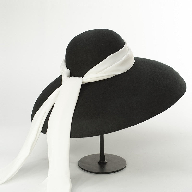 Boho Hat, Floppy Vintage Hat, Audrey Black Wool White Scraf