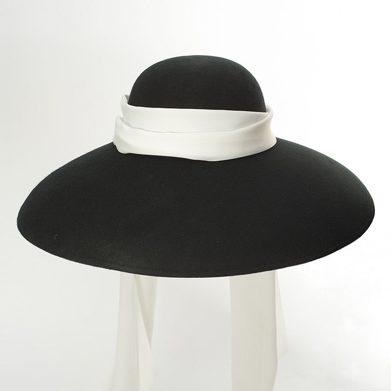 Boho Hat, Floppy Vintage Hat, Audrey Black Wool White Scraf