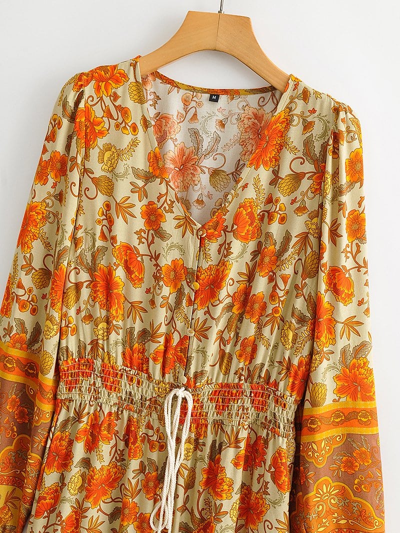 Boho Maxi Dress, Gown, Floral  and Sand in Orange