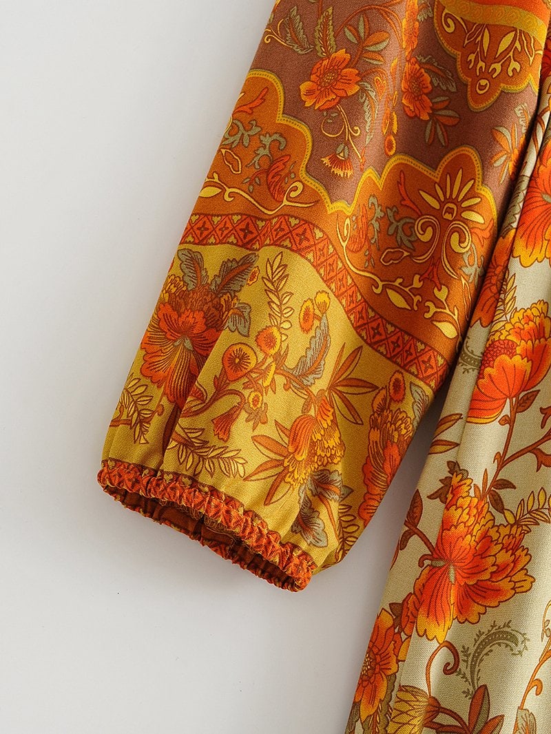 Boho Maxi Dress, Gown, Floral  and Sand in Orange