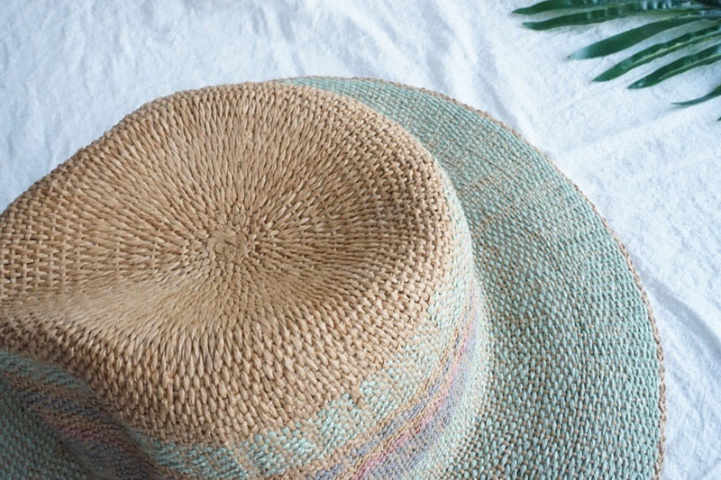 Boho Hat, Sun Hat, Beach Hat, Straw Hat, Riley Sweet Stripe Blue Pink