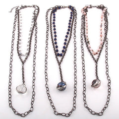 Boho Necklace, RH Antique Brass White Stone Glass