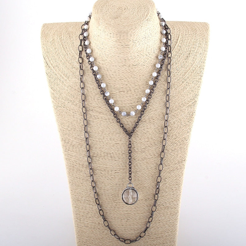 Boho Necklace, RH Antique Brass White Stone Glass